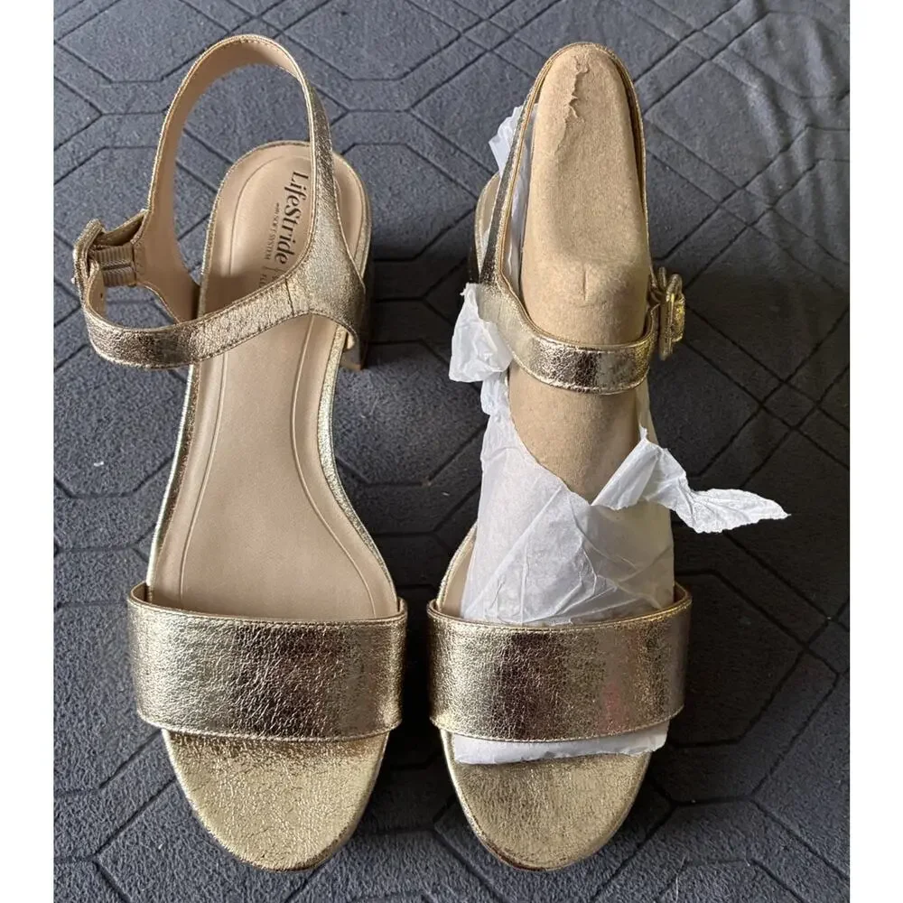 LifeStride Gold Metallic Strappy Sandals Ankle Strap Buckle Closure Size 11W
